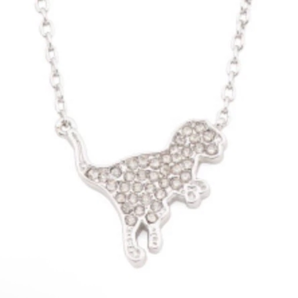 NWT COACH Signature Pave Diamond Silver Rexy Dinosaur T-Rex Necklace + Dust Bag